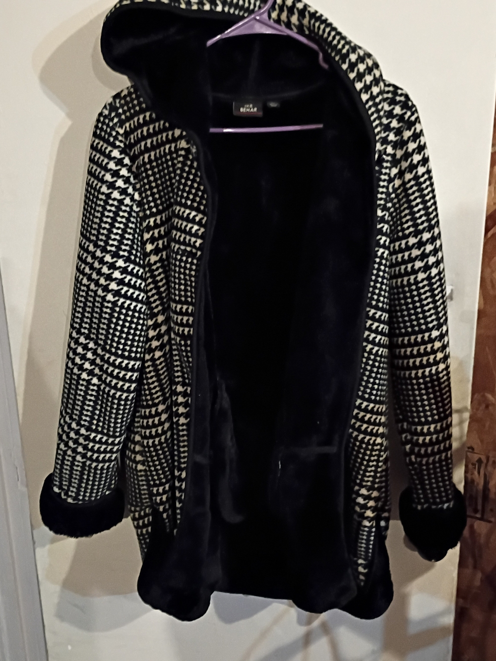 Ike Behar Black and White Houndstooth Hooded Pea Coat with Faux Fur Trim